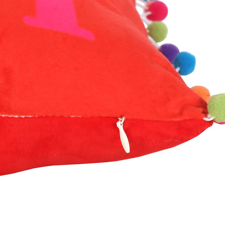 Red Holly Jolly Cushion with Pom Poms-Sociodigi