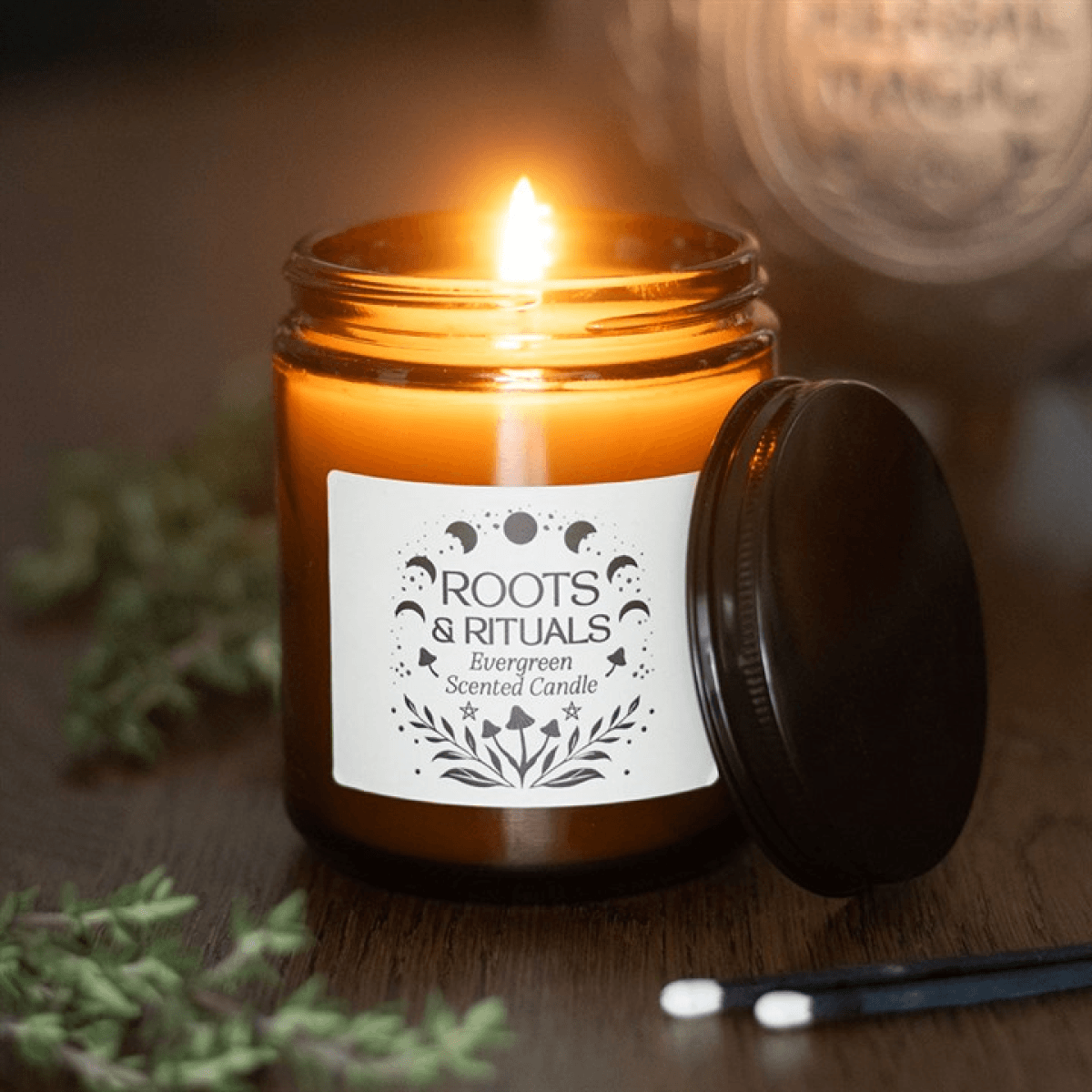 Roots And Rituals Evergreen Amber Glass Candle Paraffin Wax Forest Ambience