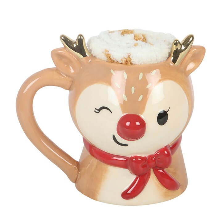 Ruby the Reindeer mug and socks set featuring a cheerful ceramic mug with festive reindeer design.