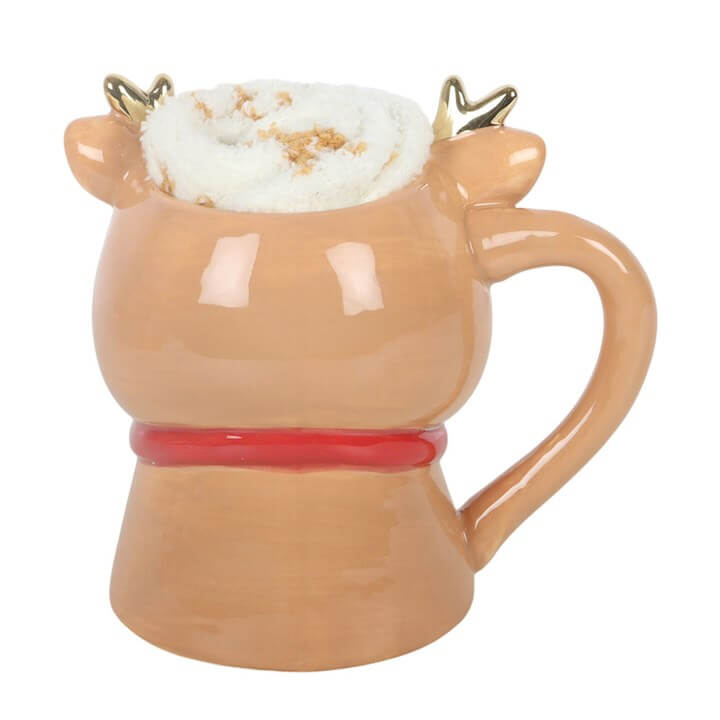 Ceramic ruby reindeer mug with fluffy top, part of the mug and socks set for cozy winter evenings.