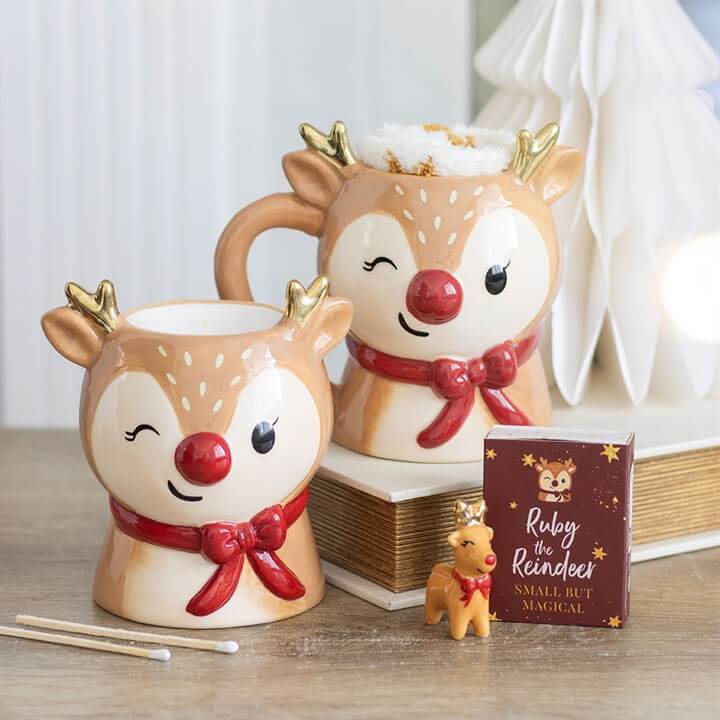 Ruby the Reindeer mug and socks set featuring a whimsical reindeer mug, perfect for cozy winter evenings.