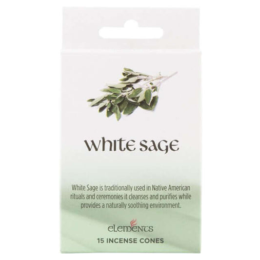 White sage incense cones packaging with green leaves on a white background