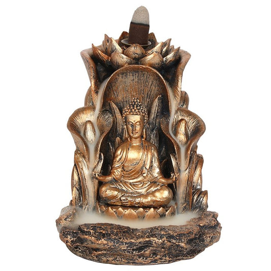Decorative Buddha statue with incense burner on a white background