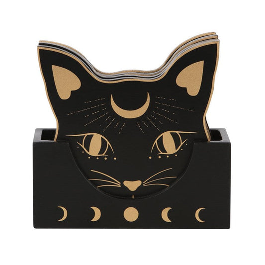 Mystic Mog Cat Face Coaster Set with Holder – Set of 4-Sociodigi