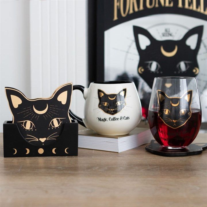 Mystic Mog Cat Face Coaster Set with Holder – Set of 4-Sociodigi