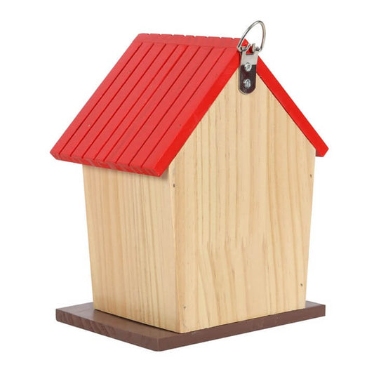 Wooden birdhouse with a red roof on a white background
