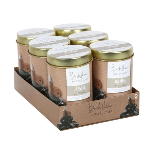 6 tins of Elements Jasmine Jumbo Backflow Cones arranged in a cardboard tray, each containing 20 cones.
