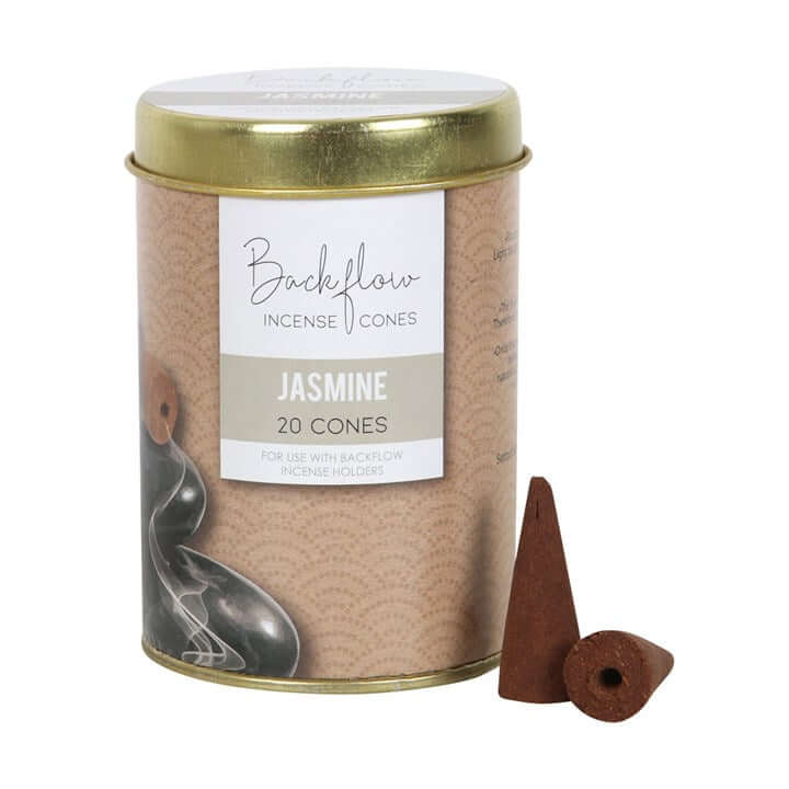 6 tins of Elements Jasmine Jumbo Backflow Cones for use in backflow incense burners, handmade in India.