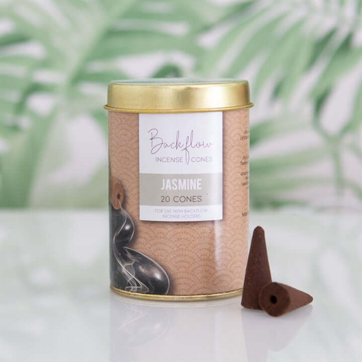 Backflow Cones in a tin labeled Jasmine, featuring 20 cones for use with backflow incense burners.