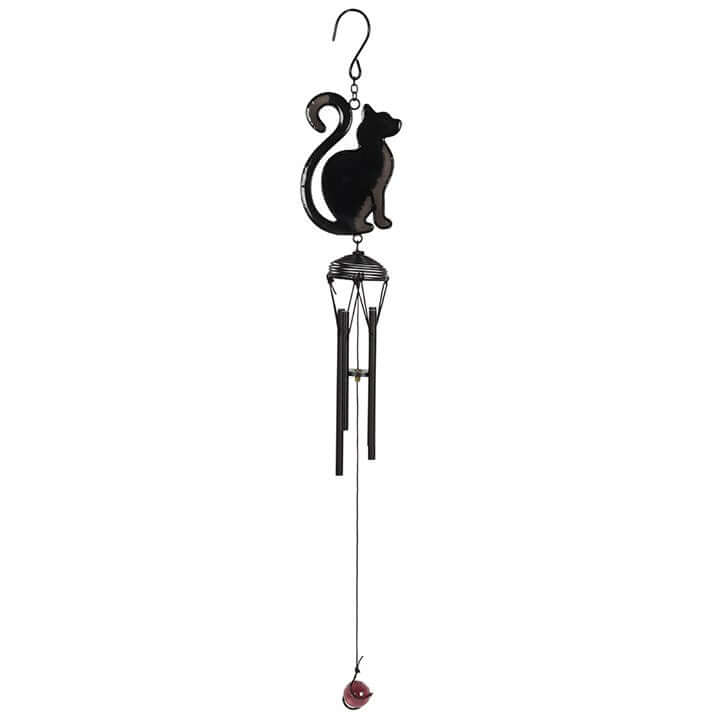 Black cat-shaped wind chime on a white background