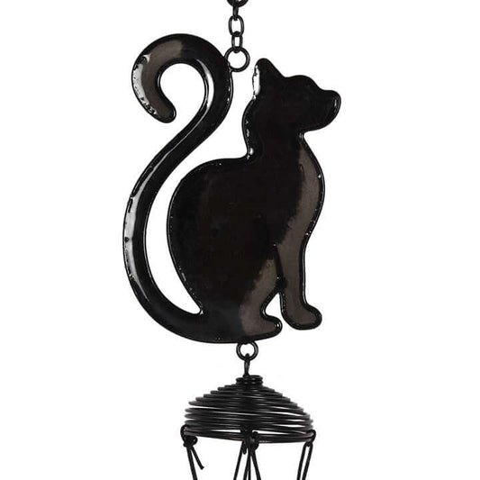 Black cat-shaped wind chime on a white background