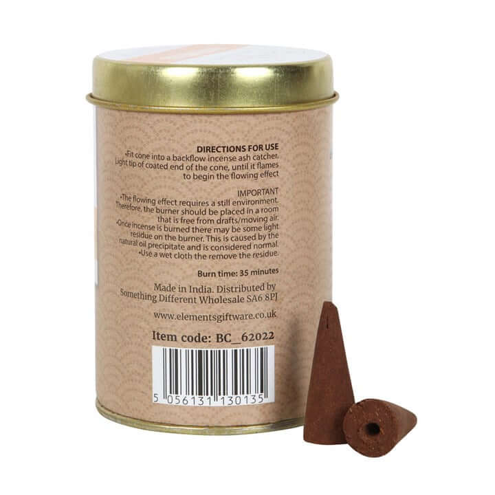 Incense cone packaging with gold lid and brown label on a white background