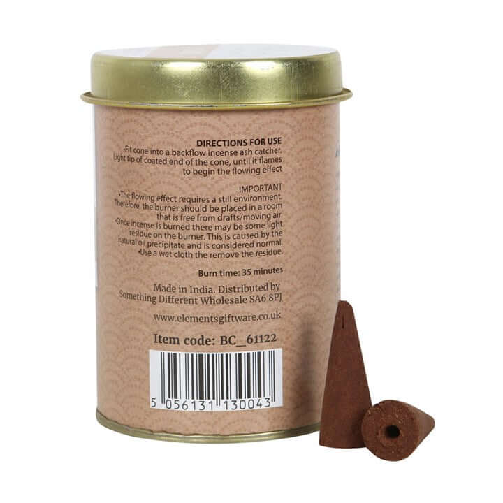 Back of a brown canister with gold lid containing incense cones, showing text and a barcode.