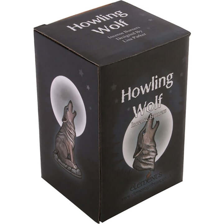 Box packaging for 'Howling Wolf' figurine with wolf illustration on a dark background