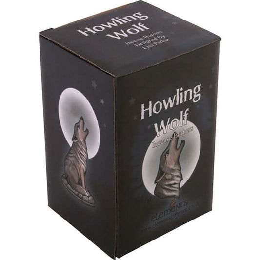 Box packaging for 'Howling Wolf' figurine with wolf illustration on a dark background