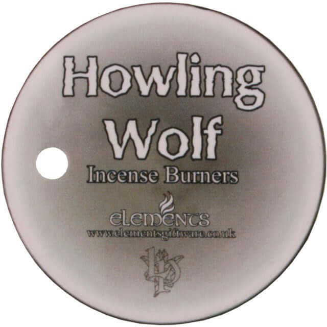Round metal tag with 'Howling Wolf Incense Burners' text and 'elements' branding.