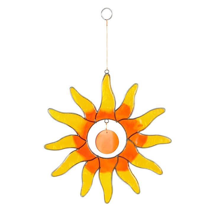 Decorative sun-shaped object with a yellow and orange gradient on a white background
