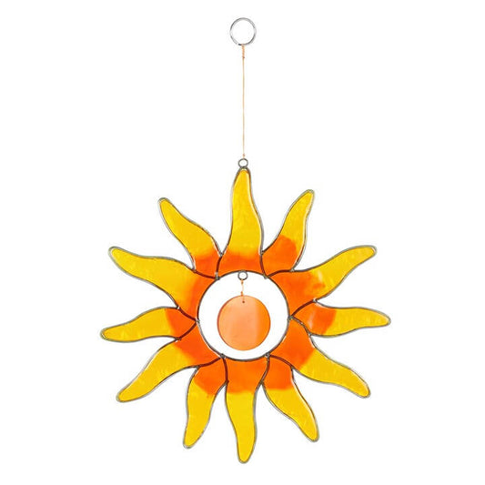 Decorative sun-shaped object with a yellow and orange gradient on a white background