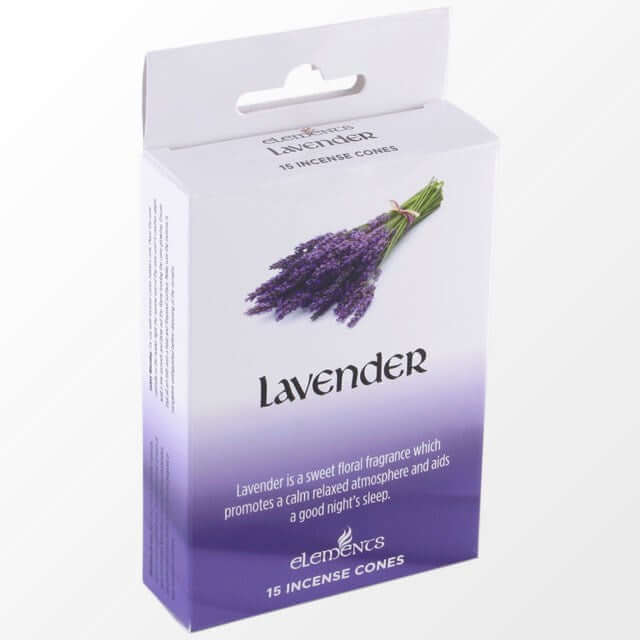 Elements Lavender Incense Cones pack showcasing 15 fragrant lavender cones for a calming atmosphere.