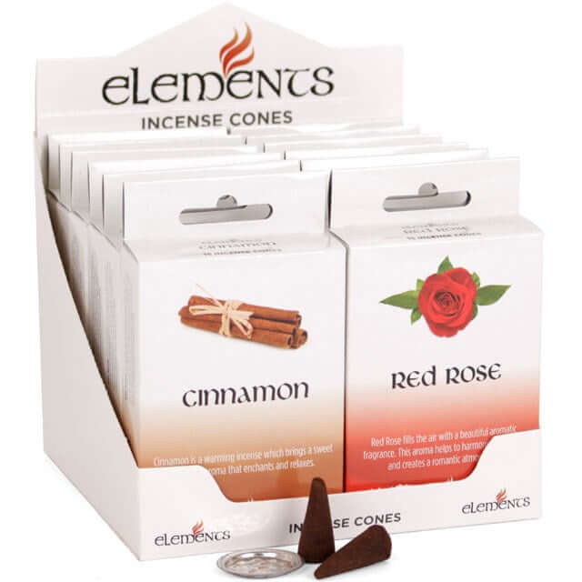 Elements Incense Cones display featuring Cinnamon and Red Rose fragrances in pack boxes.