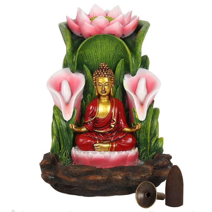 Decorative fountain with Buddha statue and lotus flowers on a white background