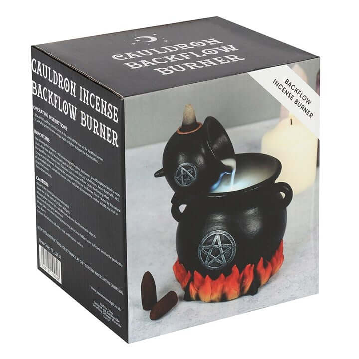 Cauldron incense backflow burner packaging with product image and text.