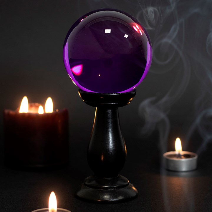 Small Purple Crystal Ball on Black Wooden Stand – Fortune Telling & Decorative Scrying Sphere-Sociodigi