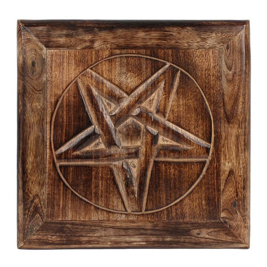Wooden pentagram design on a white background