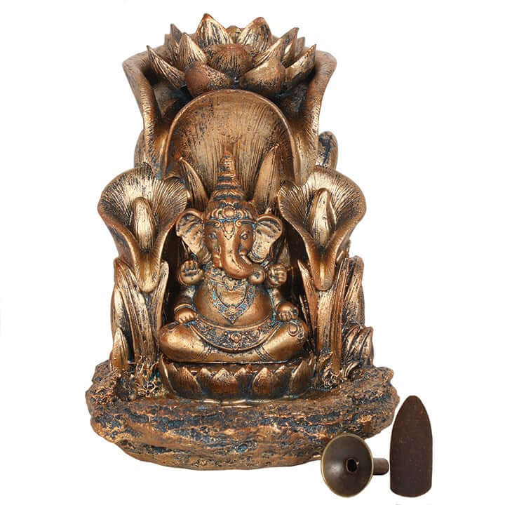 Bronze-colored Ganesha statue with decorative elements on a white background