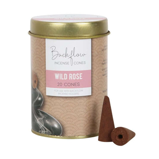 Backflow Incense Cones Wild Rose packaging with a gold lid and brown cones on a white background
