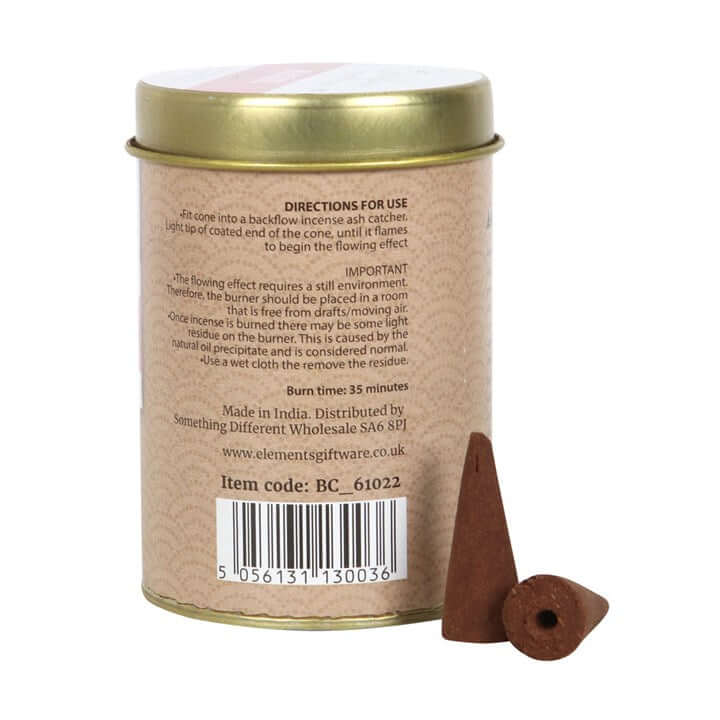 Incense cone packaging with gold lid and brown body, showing directions for use and a barcode.