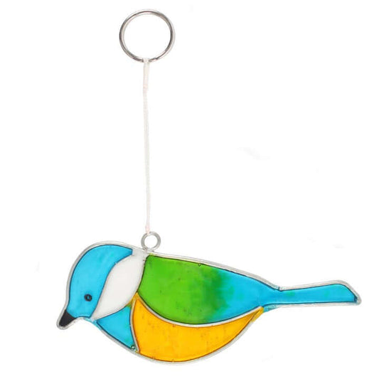 Colorful bird-shaped ornament hanging on a white background