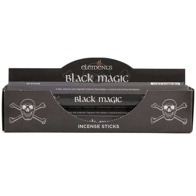 Box of Elements Black Magic incense sticks with skull and crossbones design.