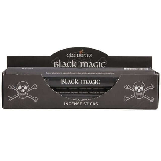 Box of Elements Black Magic incense sticks with skull and crossbones design.