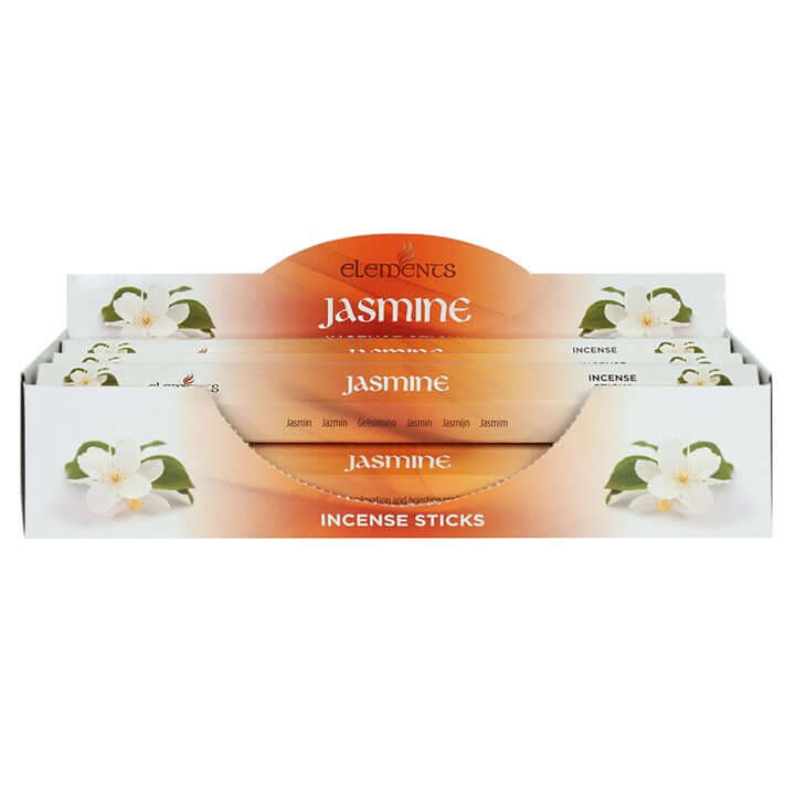 Display of Jasmine incense sticks packaging with 'Elements' branding.