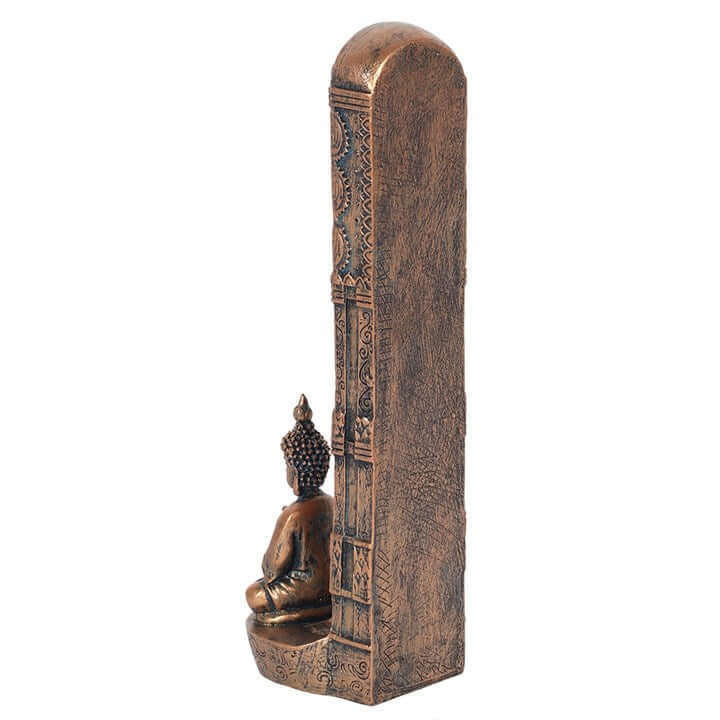 Bronze incense holder with Buddha statue on a white background