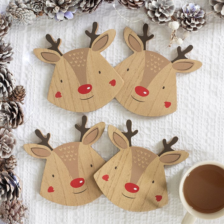 Set of 4 Red Nose Reindeer Coasters – Festive Holiday Drink Protectors-Sociodigi