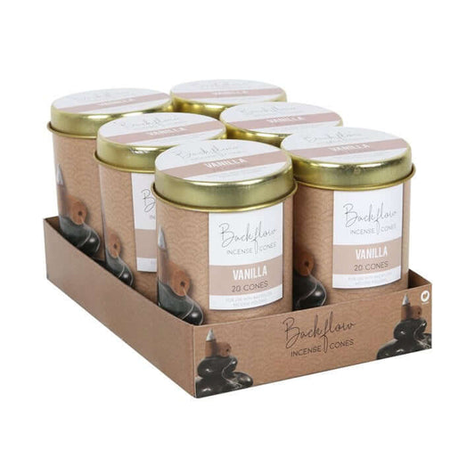 Packaging of Backflow Incense Cones in cardboard tray with visible labels.