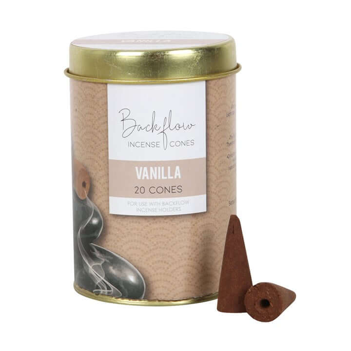 Backflow Incense Cones Vanilla packaging with a gold lid on a white background
