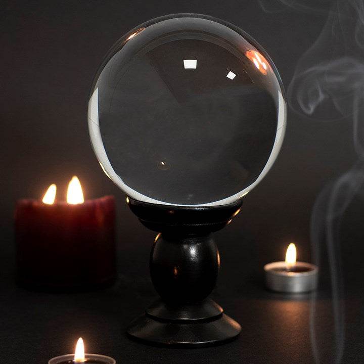 Large Clear Crystal Ball on Black Wooden Stand – Divination & Decorative Display-Sociodigi