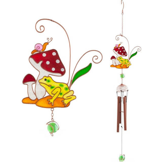 Decorative wind chime with a frog, mushrooms, and leaves on a white background