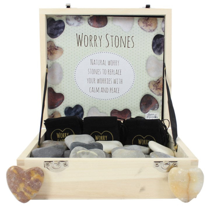 Box of 36 Heart Worry Stones with Carry Pouches – Wooden Display-Sociodigi