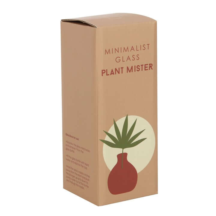 Box packaging for 'Minimalist Glass Plant Mister' with a plant illustration on a white background