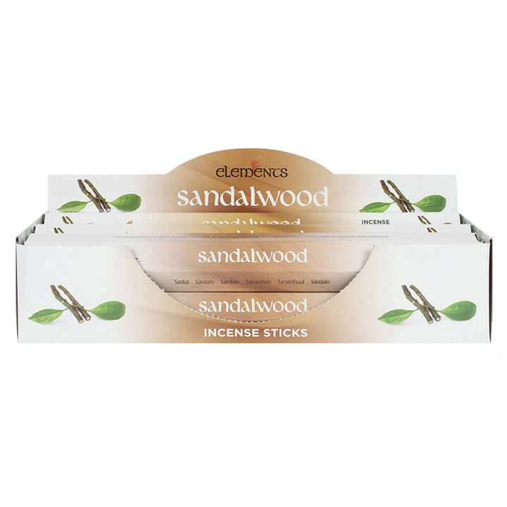 Set of 6 packets of Sandalwood Incense Sticks displayed in a box by Elements.