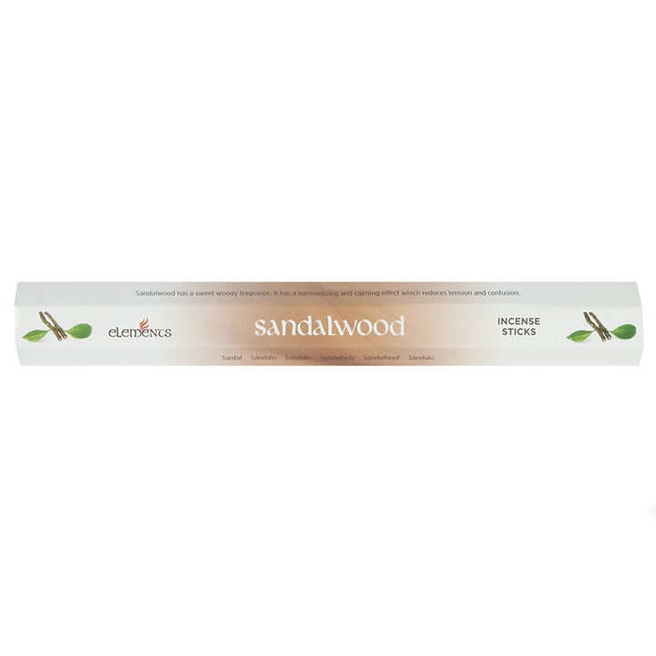 Set of 6 packets of Sandalwood Incense Sticks by Elements with a calming fragrance.