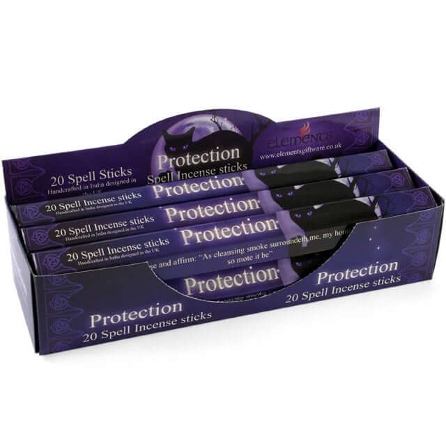 Box of 'Protection' spell incense sticks with purple packaging.