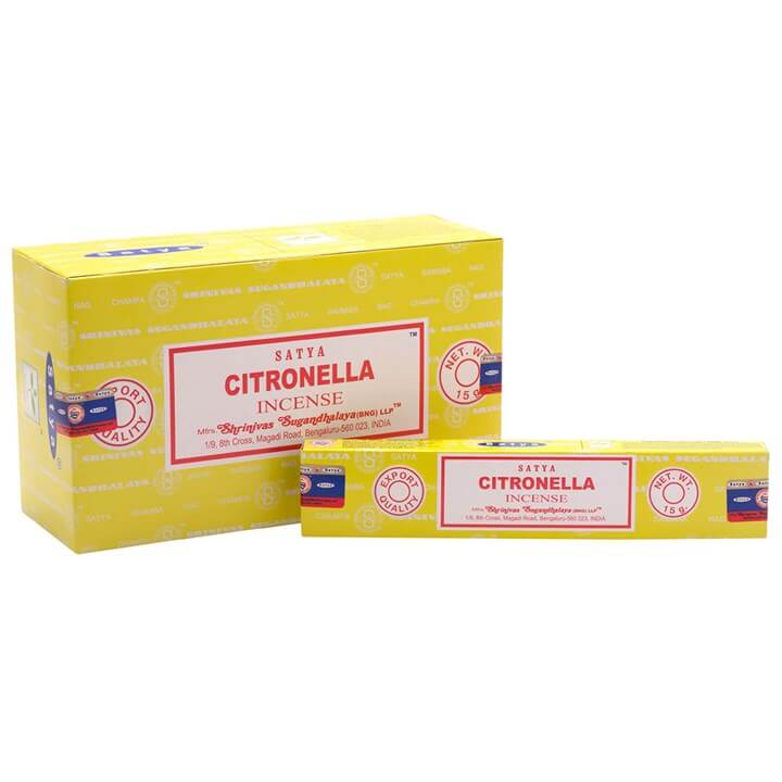 Set of 12 Citronella Incense Sticks by Satya in a yellow box, known for repelling insects and uplifting scent.