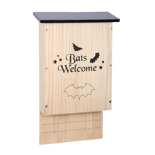 Wooden bat house with 'Bats Welcome' text and bat illustrations on a white background
