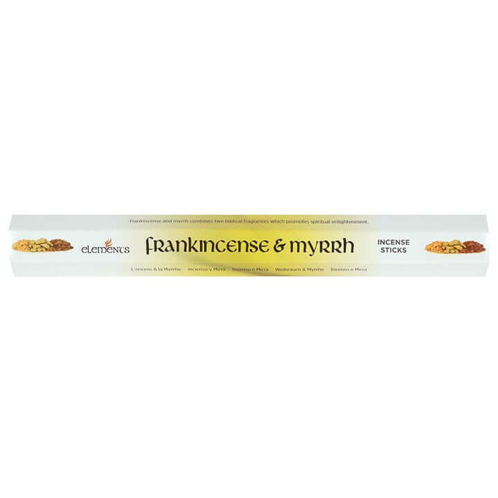 Box of Frankincense & Myrrh incense sticks by Elements on a white background