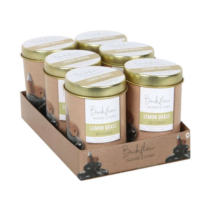 6 Tins of Elements Lemon Grass Jumbo Backflow Cones in a cardboard tray for home fragrance and impressive smoke displays.
